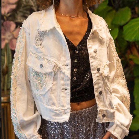 Distressed Denim Jacket with Sequined Details - Picture 4 of 17